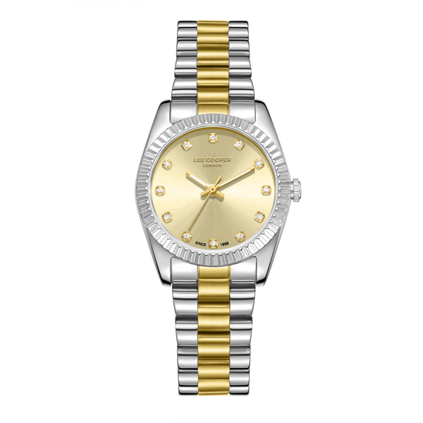 Lee Cooper LC08212.210 women's analog watch featuring a round silver case and gold dial.
