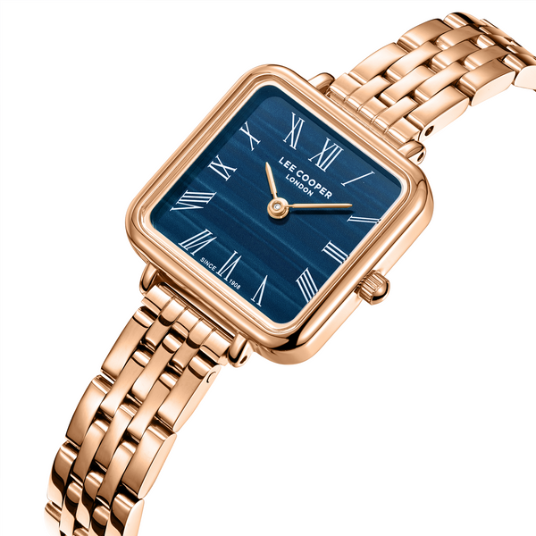 Lee Cooper LC08226.490 women's analog watch featuring a square rose gold case and dark blue dial.
