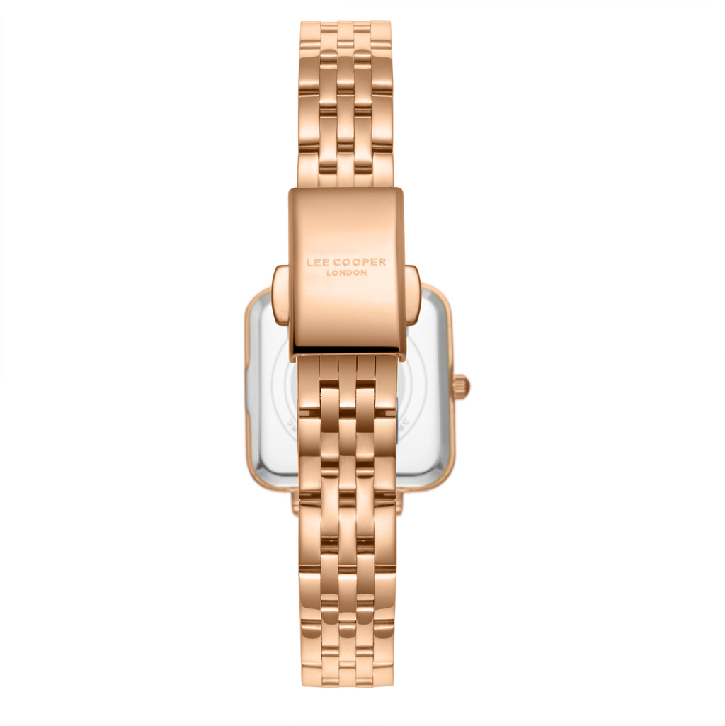 Lee Cooper LC08226.490 women's analog watch featuring a square rose gold case and dark blue dial.
