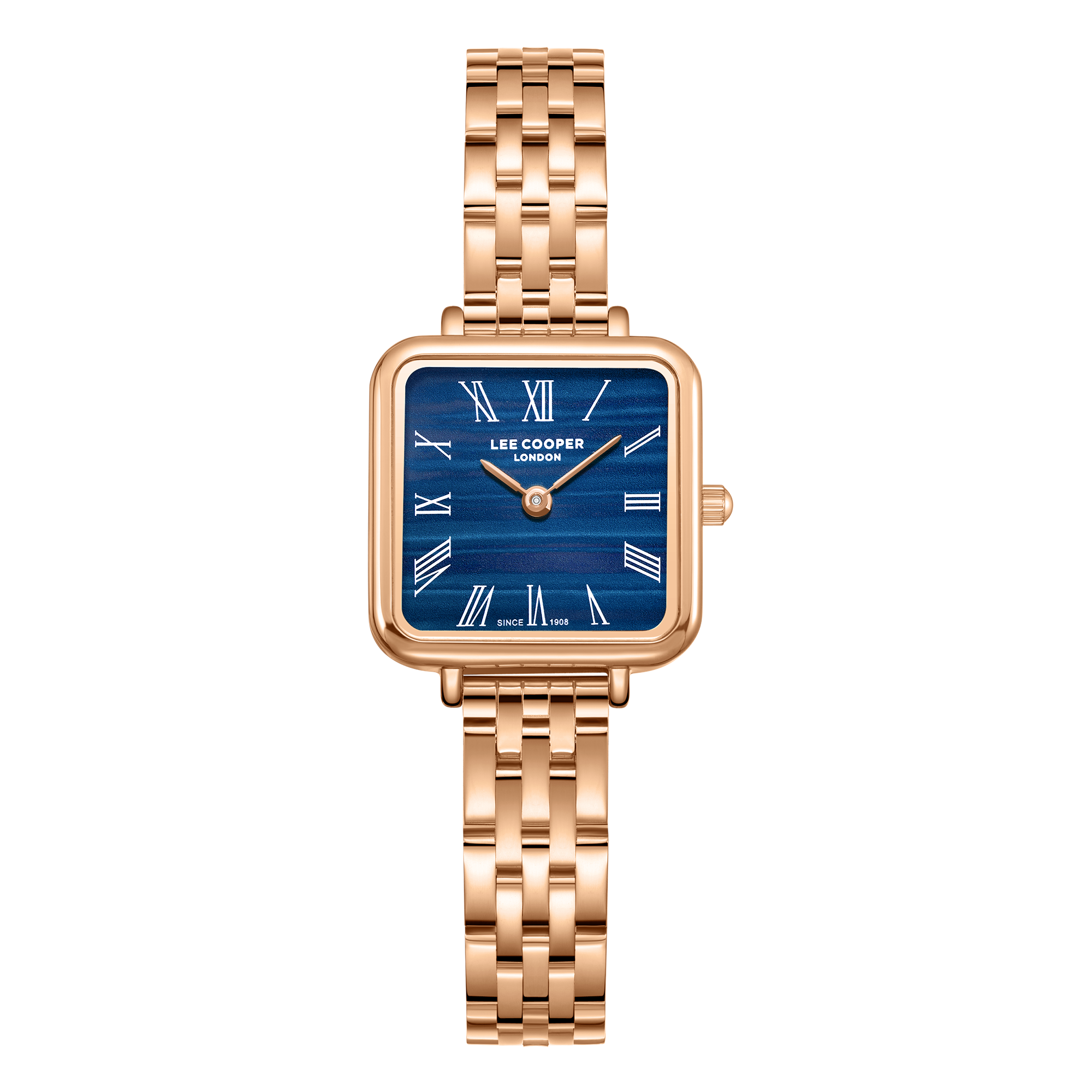 Lee Cooper LC08226.490 women's analog watch featuring a square rose gold case and dark blue dial.
