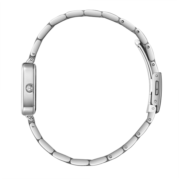 Lee Cooper LC08226.520 women's analog watch featuring a square two-tone silver and rose gold case with a blue dial.
