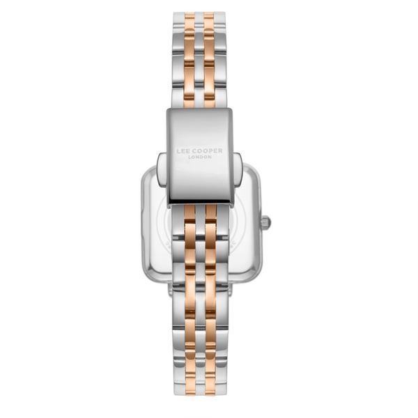 Lee Cooper LC08226.520 women's analog watch featuring a square two-tone silver and rose gold case with a blue dial.
