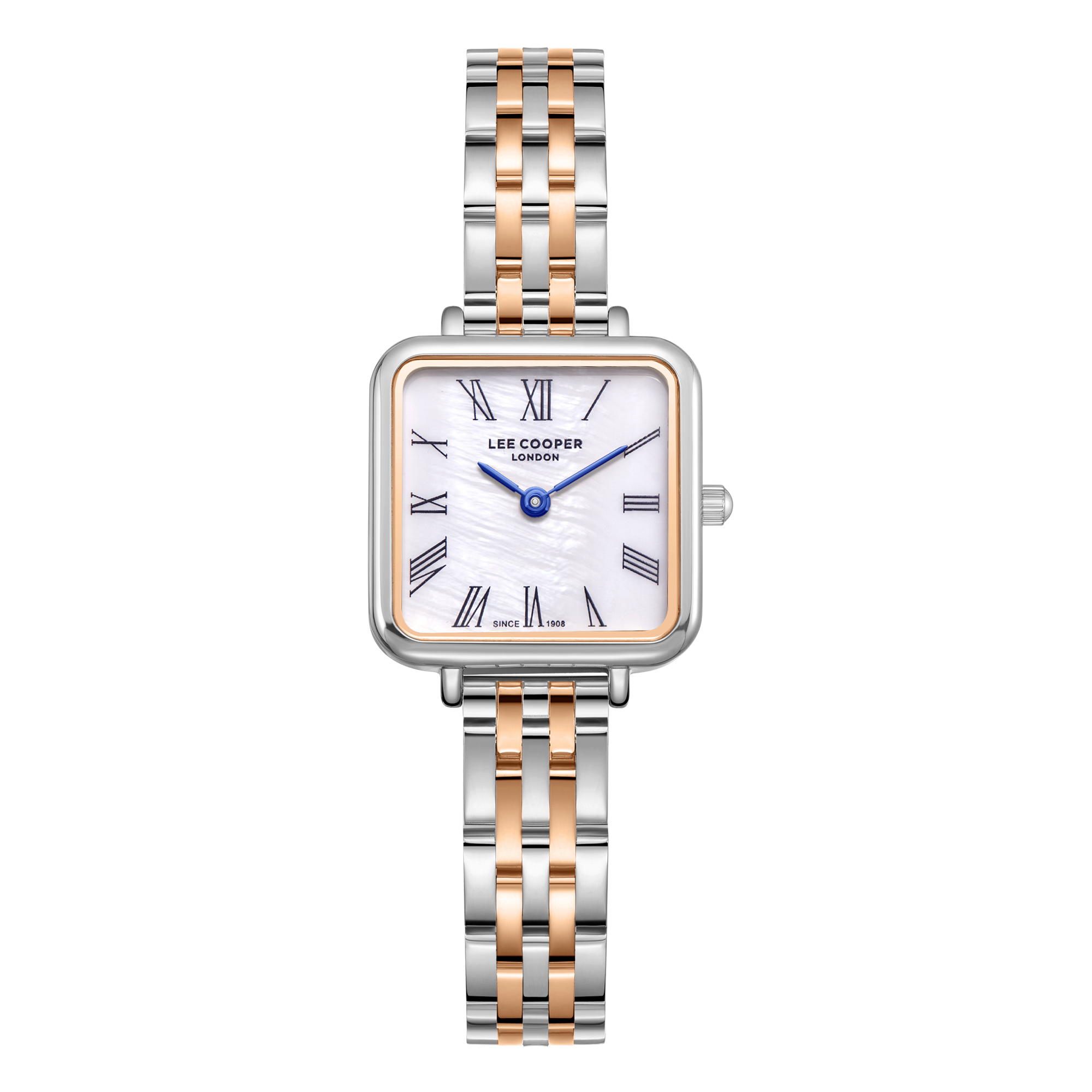 Lee Cooper LC08226.520 women's analog watch featuring a square two-tone silver and rose gold case with a blue dial.
 Main image