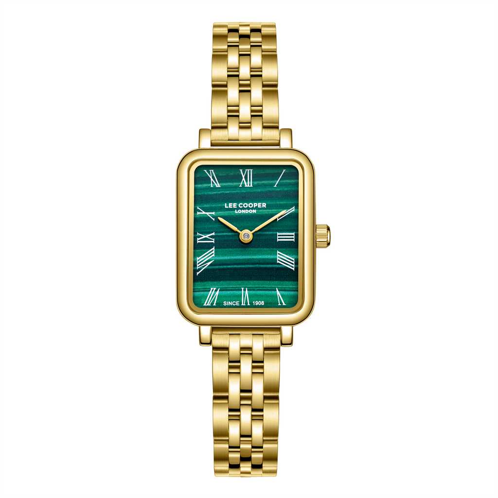 Lee Cooper LC08232.170 women's analog watch with a rectangular gold case and dark green dial.
