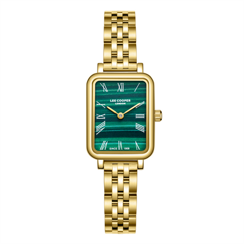 Lee Cooper LC08232.170 women's analog watch with a rectangular gold case and dark green dial.
