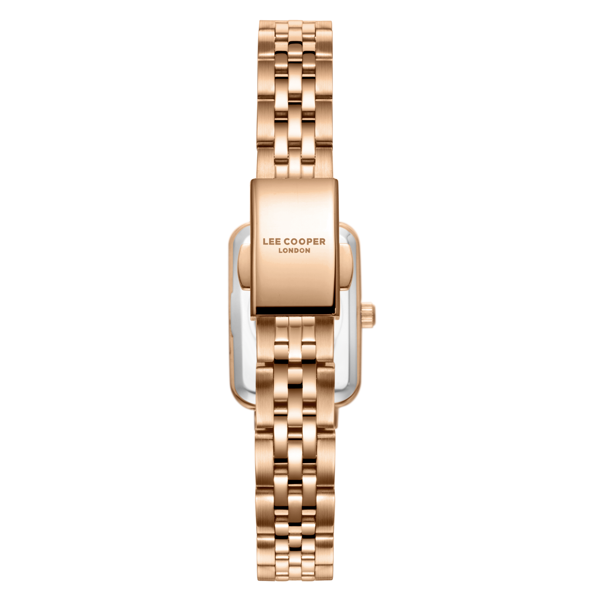 Lee Cooper LC08232.440 women's analog watch featuring a square rose gold case and brown dial.
