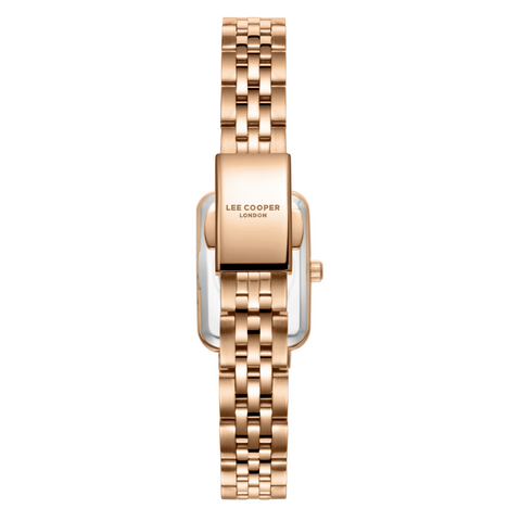 Lee Cooper LC08232.440 women's analog watch featuring a square rose gold case and brown dial.
