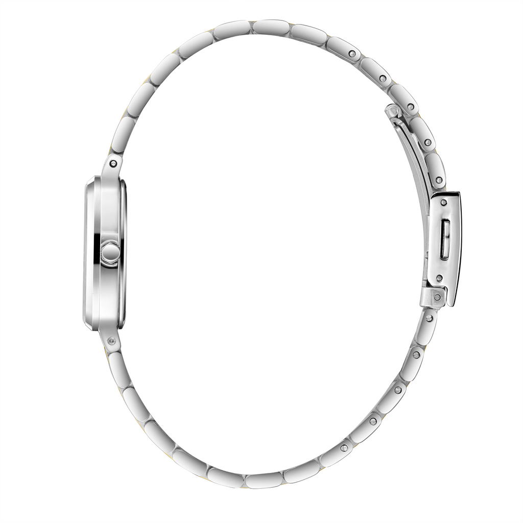 Lee Cooper LC08266.250 women's analog watch featuring a square silver case and black mother of pearl dial.
