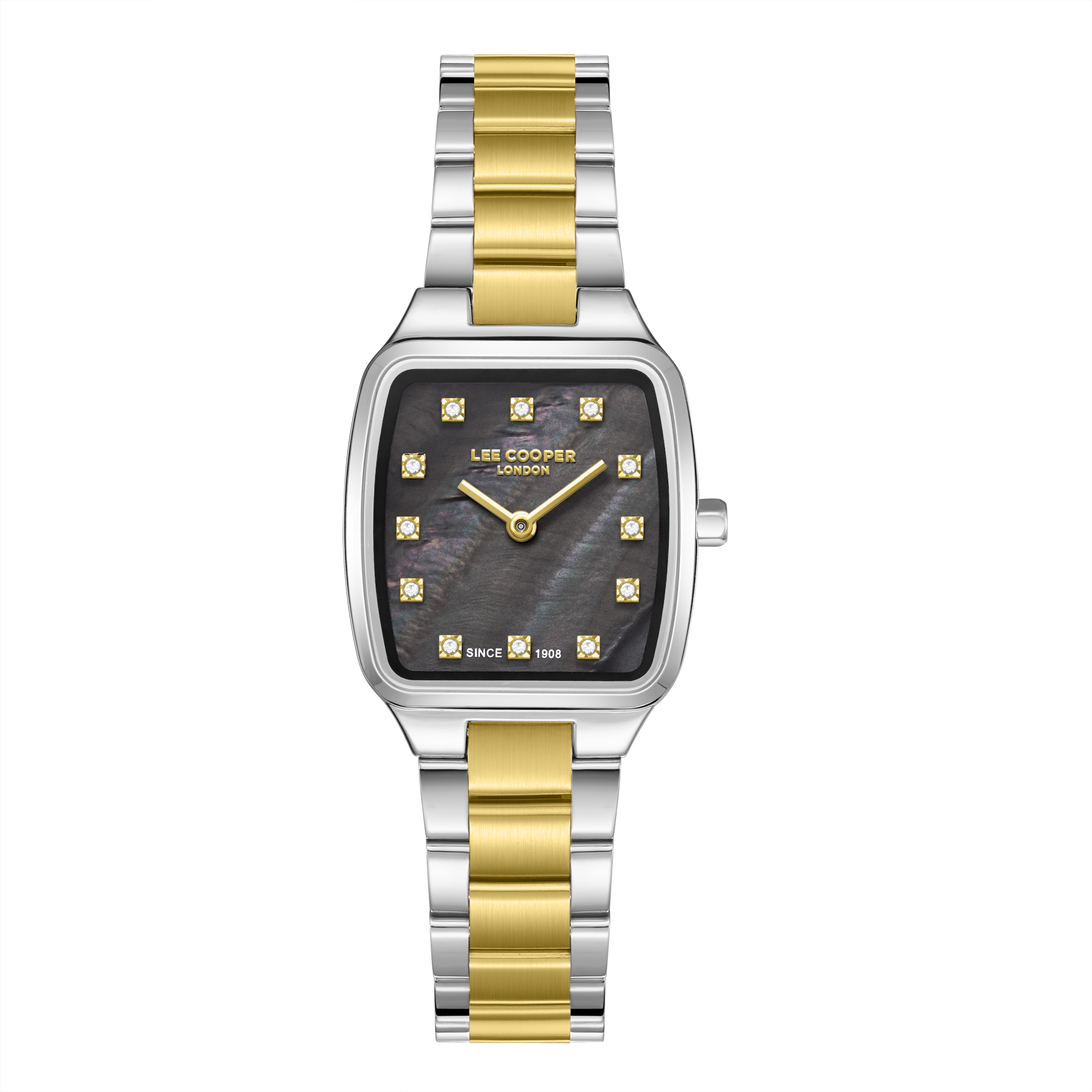 Lee Cooper LC08266.250 women's analog watch featuring a square silver case and black mother of pearl dial.
 Main image