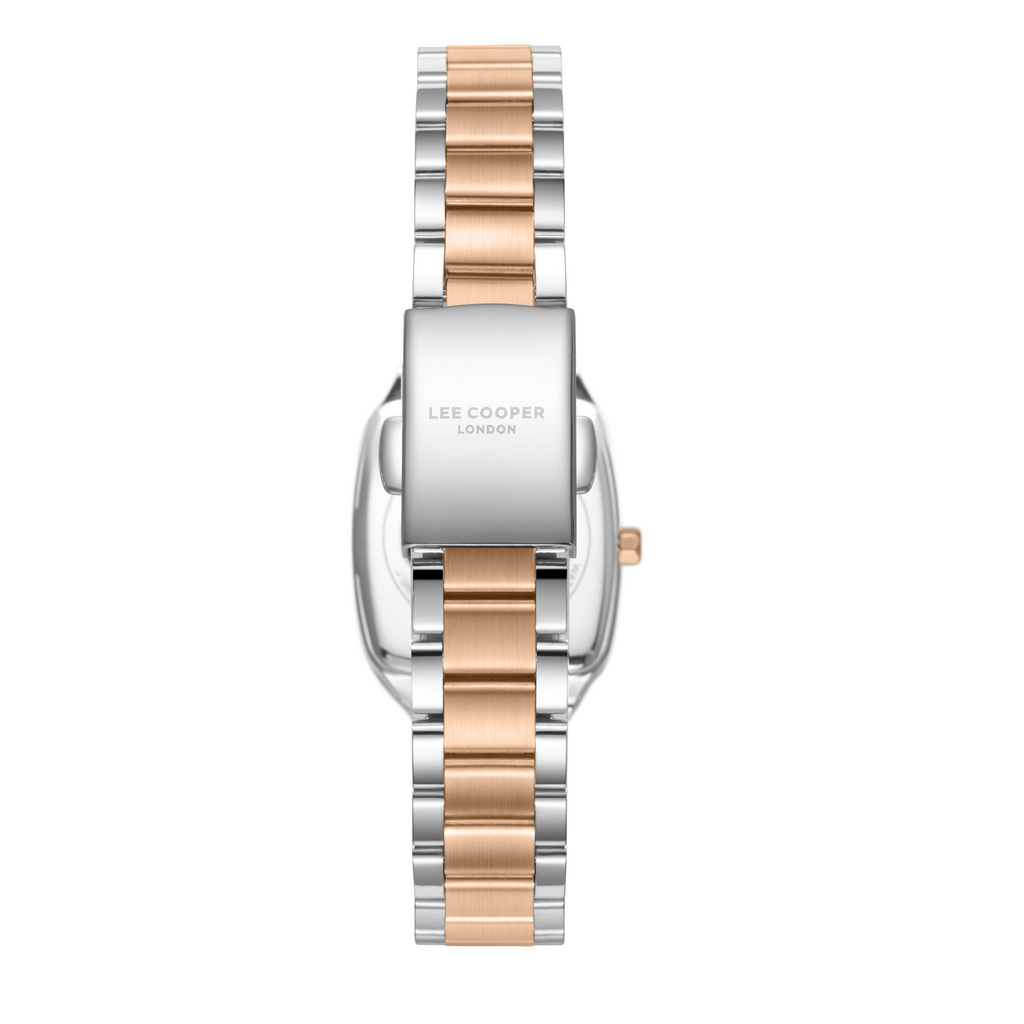 Lee Cooper LC08266.520 women's analog watch featuring a square two-tone silver and rose gold case with a mother of pearl dial.
