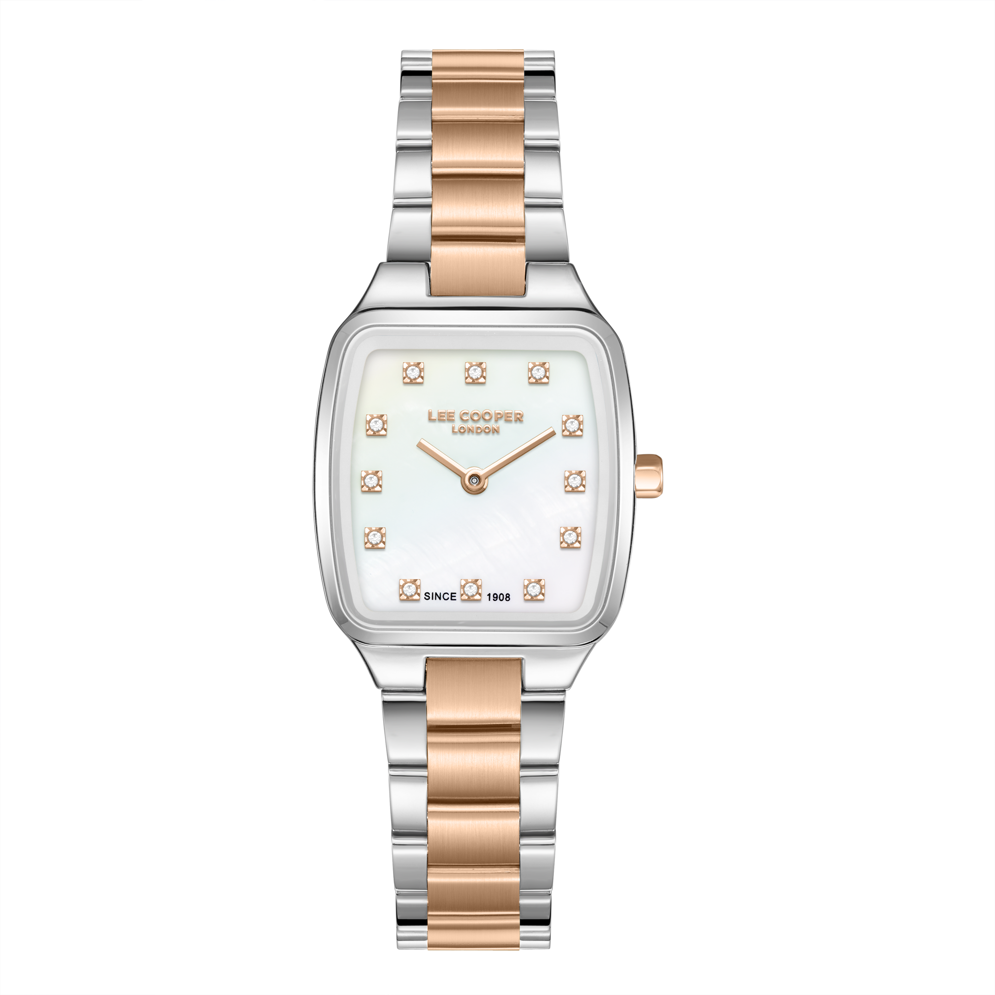 Lee Cooper LC08266.520 women's analog watch featuring a square two-tone silver and rose gold case with a mother of pearl dial.
 Main image