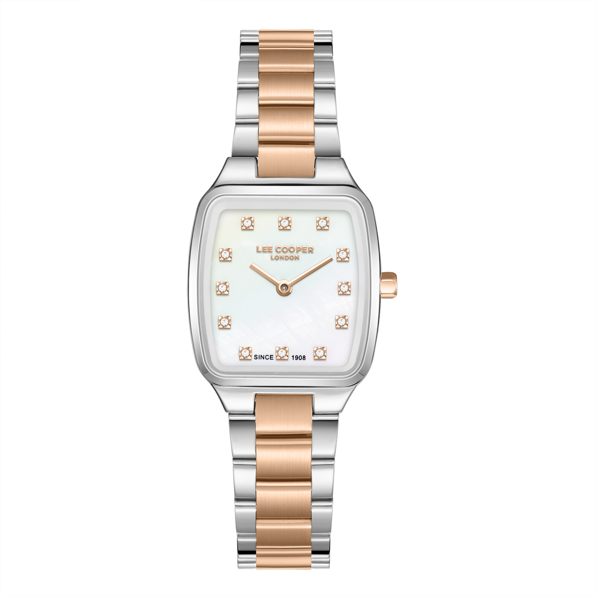 Lee Cooper LC08266.520 women's analog watch featuring a square two-tone silver and rose gold case with a mother of pearl dial.
