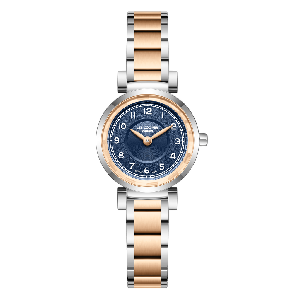 Lee Cooper LC08279.590 women's analog watch featuring a round silver case and dark blue dial.
