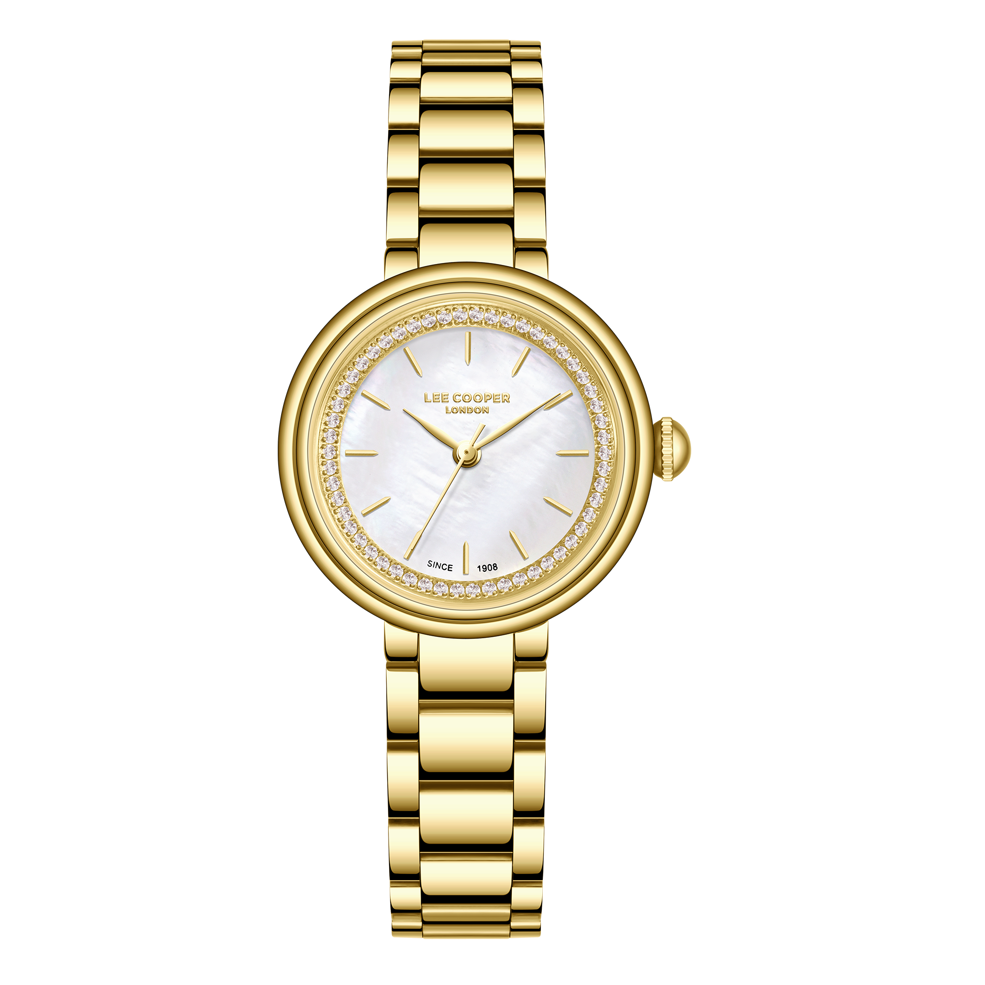 Lee Cooper LC08279.120 women's analog watch featuring a round gold case and white dial.

