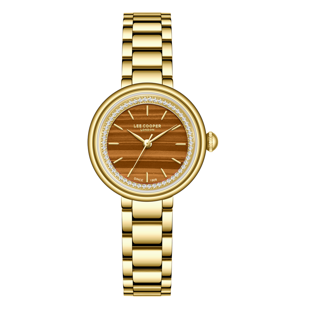 Lee Cooper LC08279.140 women's analog watch featuring a round gold case and matching gold strap.
