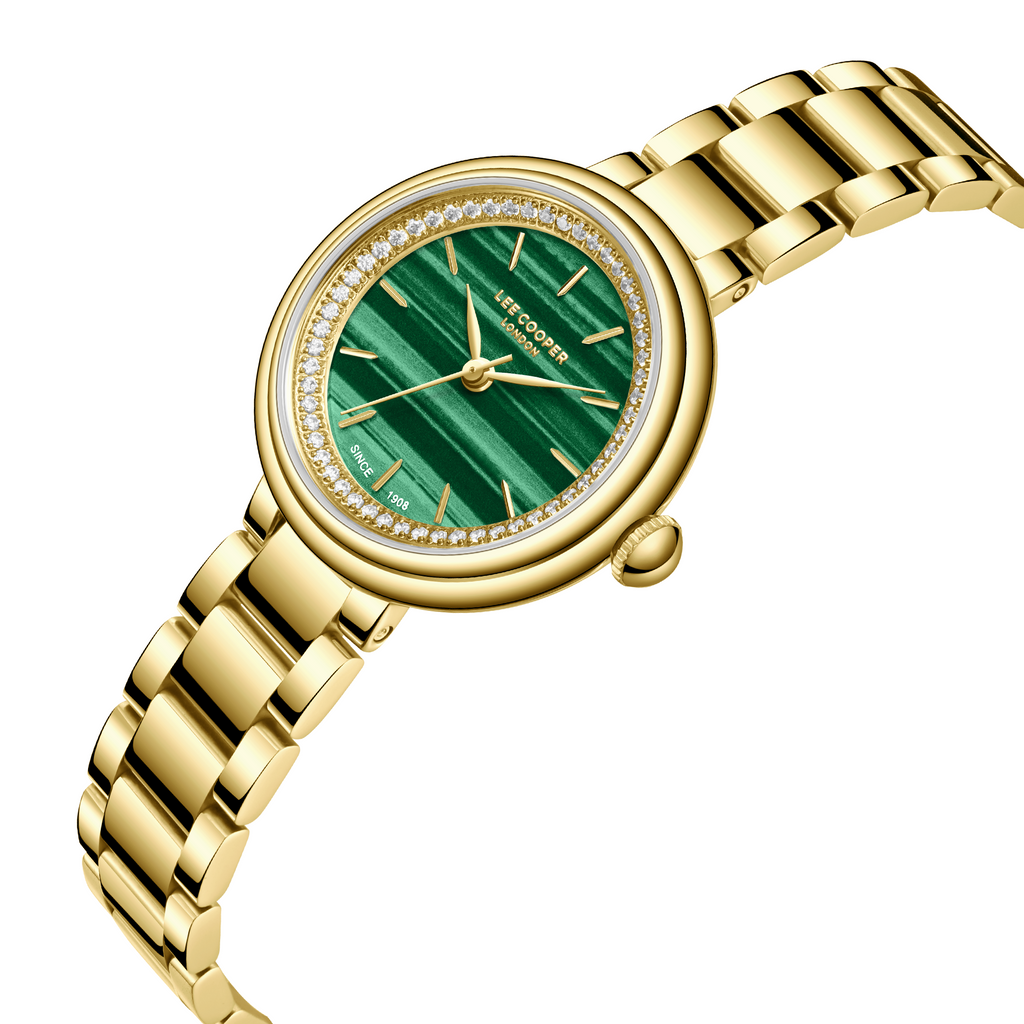 Lee Cooper LC08279.170 women's analog watch featuring a round gold case and dark green dial.
