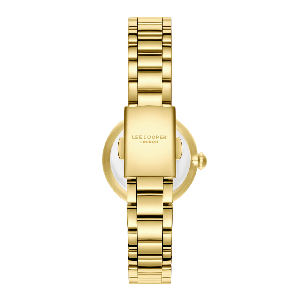 Lee Cooper LC08279.170 women's analog watch featuring a round gold case and dark green dial.

