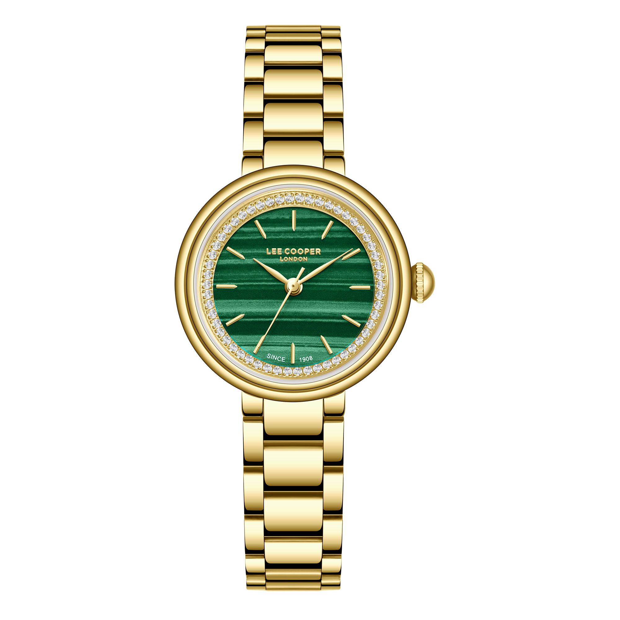 Lee Cooper LC08279.170 women's analog watch featuring a round gold case and dark green dial.
