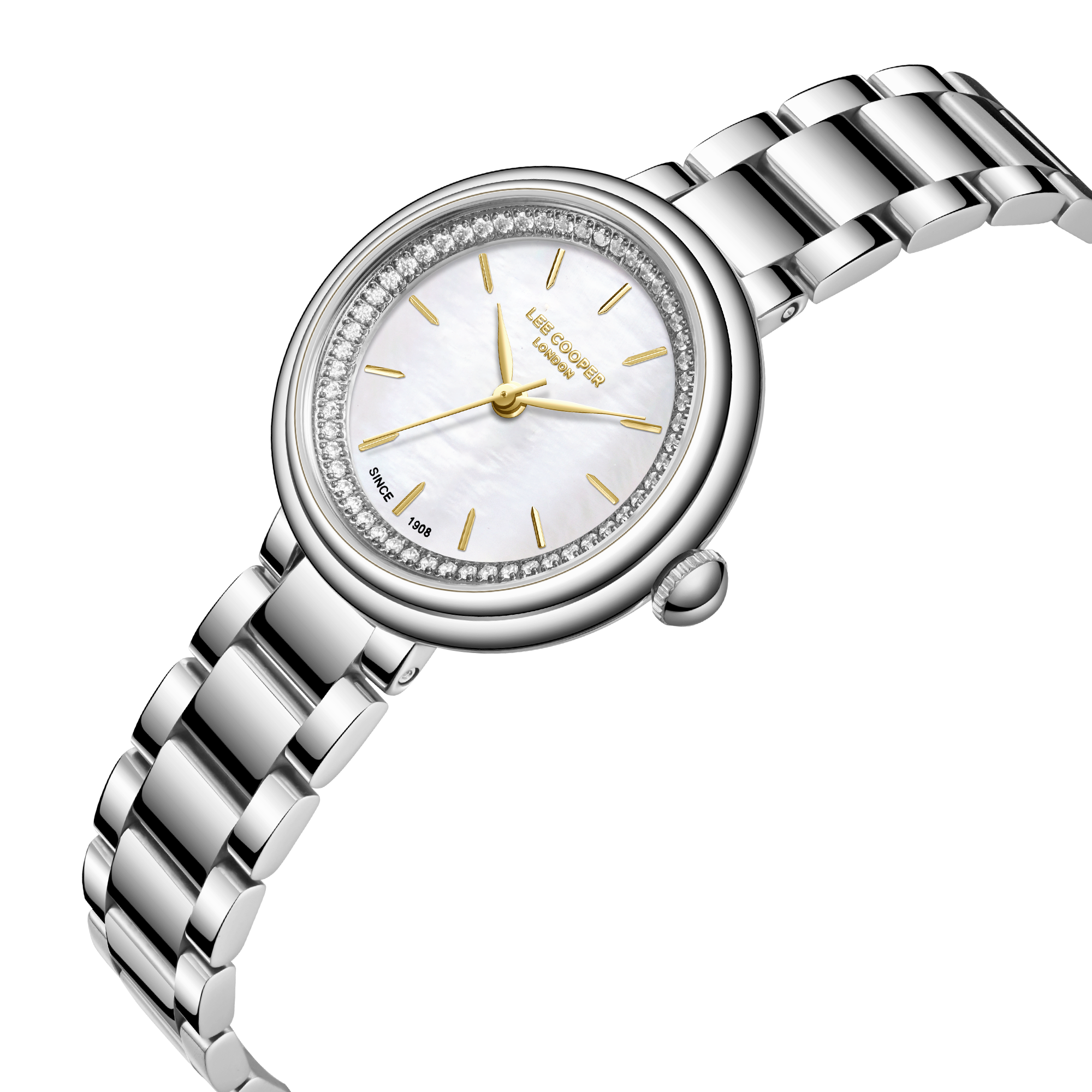 Lee Cooper LC08279.320 women's analog watch featuring a round silver case and white dial.
