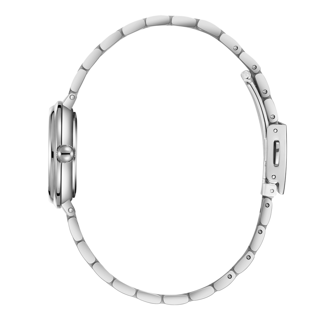 Lee Cooper LC08279.320 women's analog watch featuring a round silver case and white dial.
