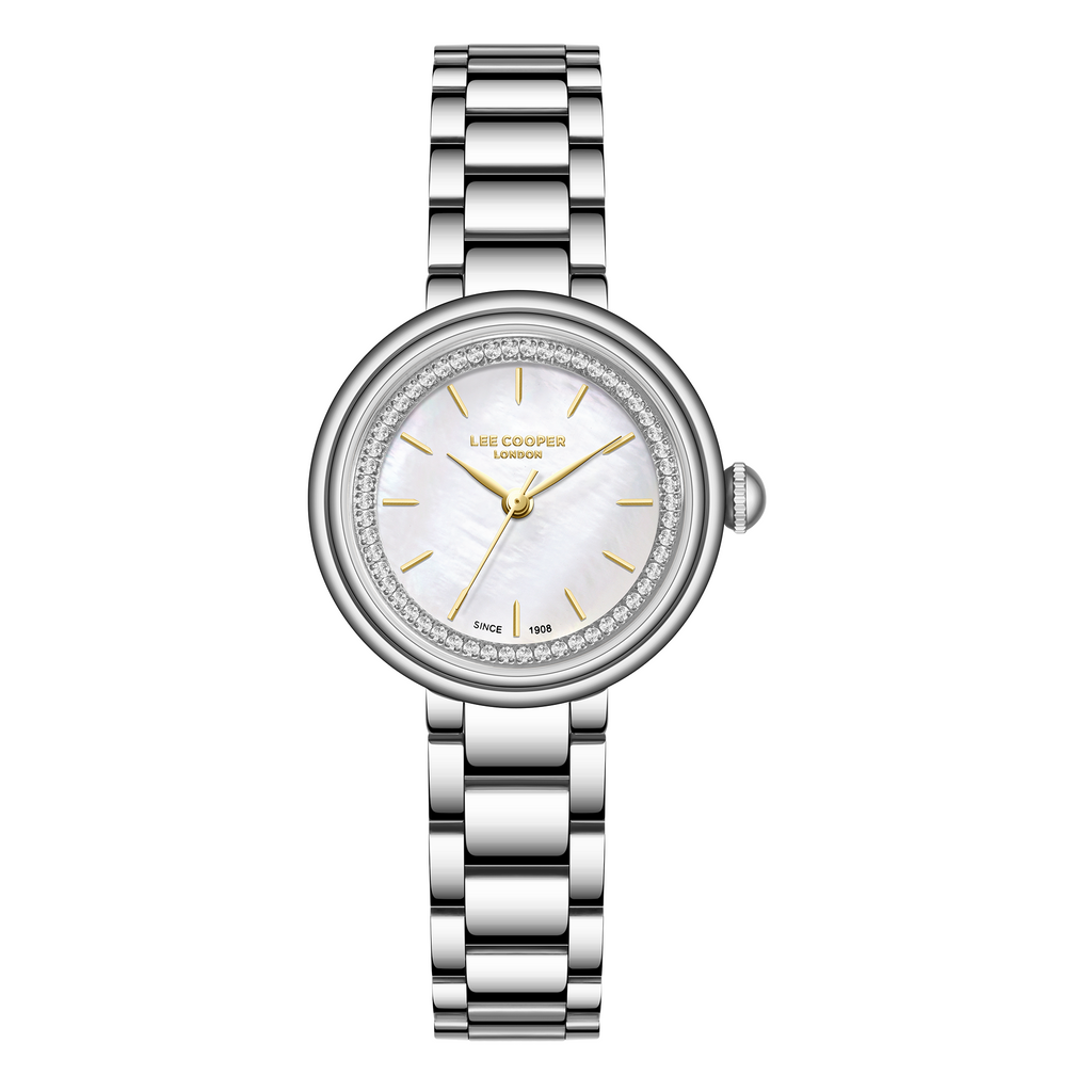 Lee Cooper LC08279.320 women's analog watch featuring a round silver case and white dial.
