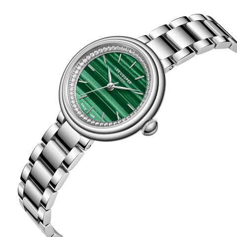 Lee Cooper LC08279.370 women's analog watch featuring a round silver case and dark green dial.
