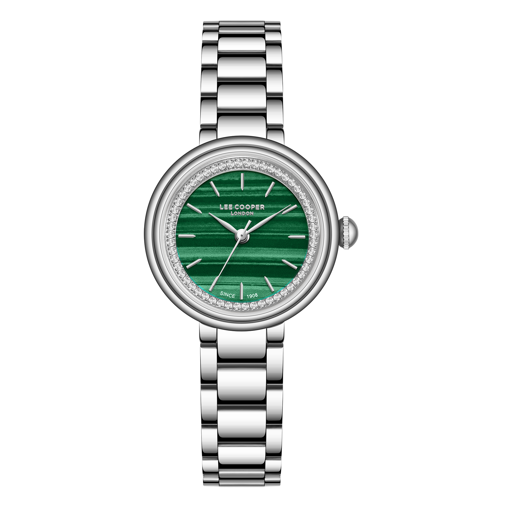 Lee Cooper LC08279.370 women's analog watch featuring a round silver case and dark green dial.
