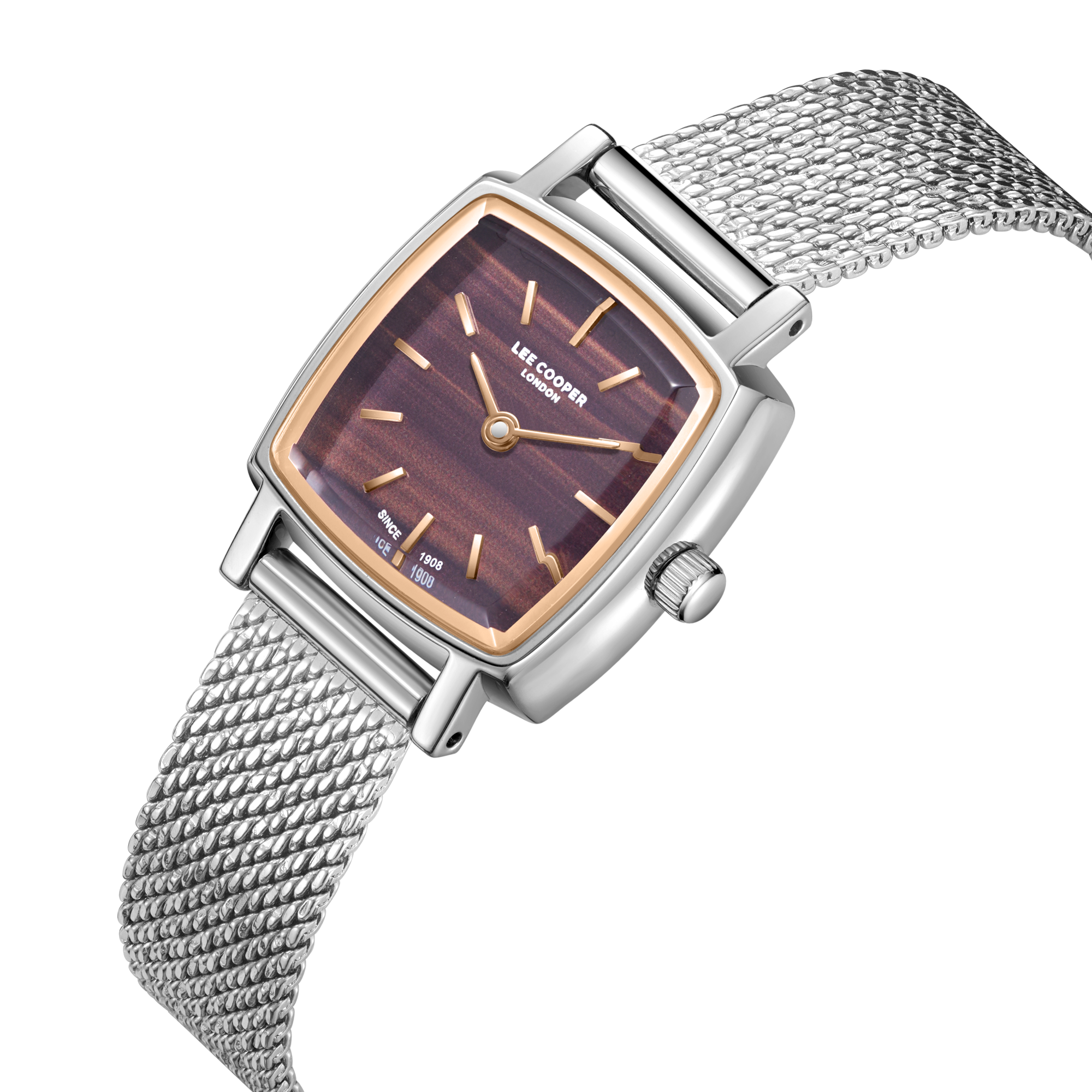 Lee Cooper LC08280.540 women's analog watch featuring a rectangular silver case and dark brown dial.
