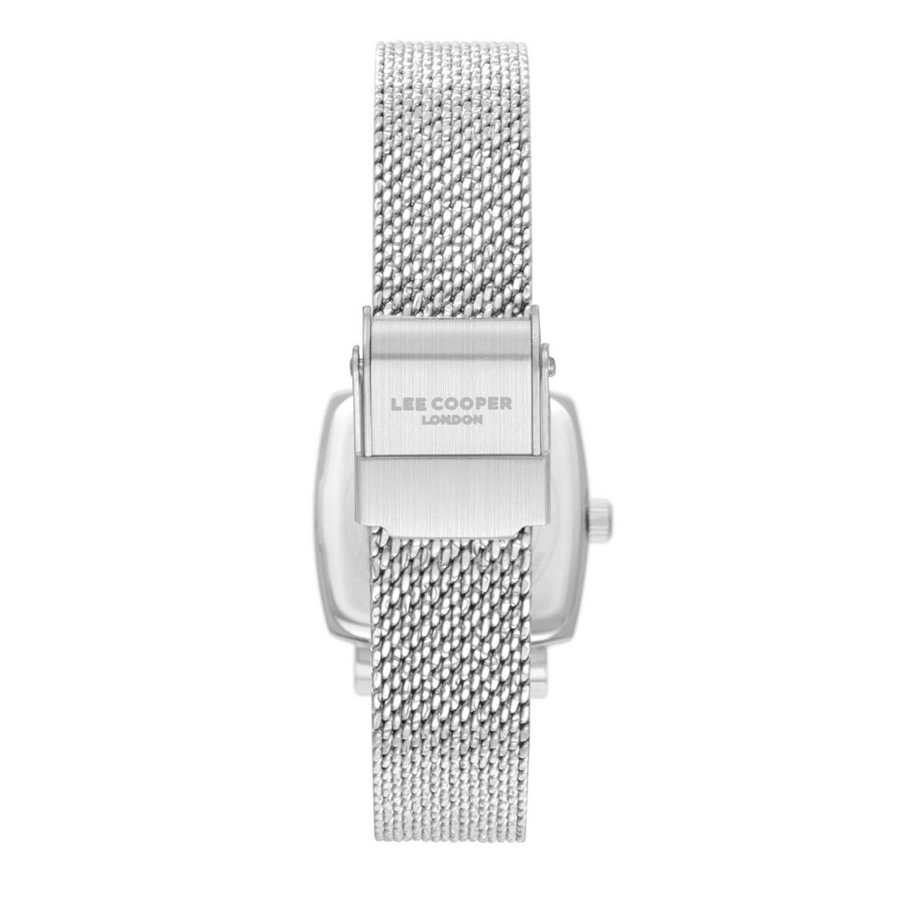 Lee Cooper LC08280.540 women's analog watch featuring a rectangular silver case and dark brown dial.
