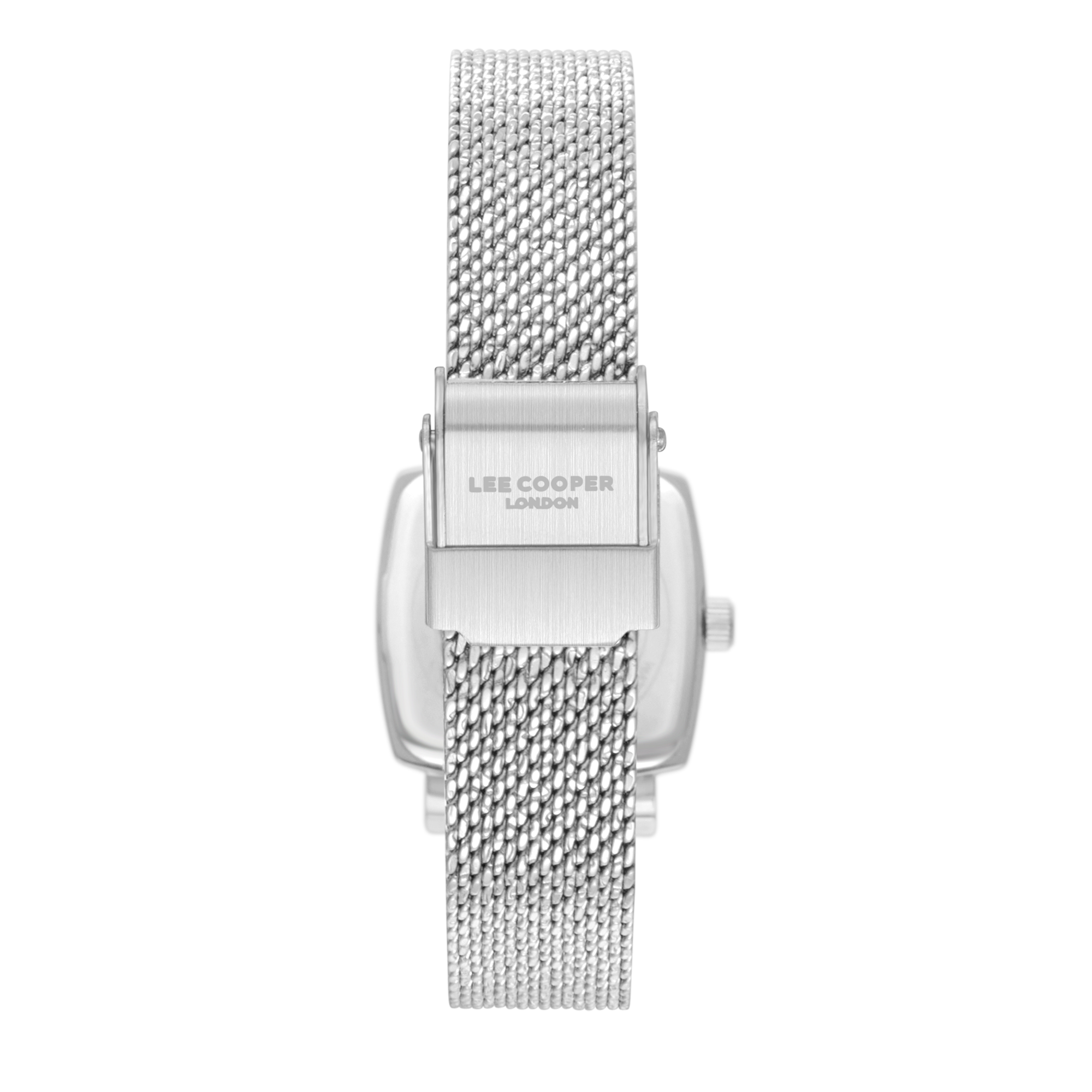 Lee Cooper LC08280.540 women's analog watch featuring a rectangular silver case and dark brown dial.
