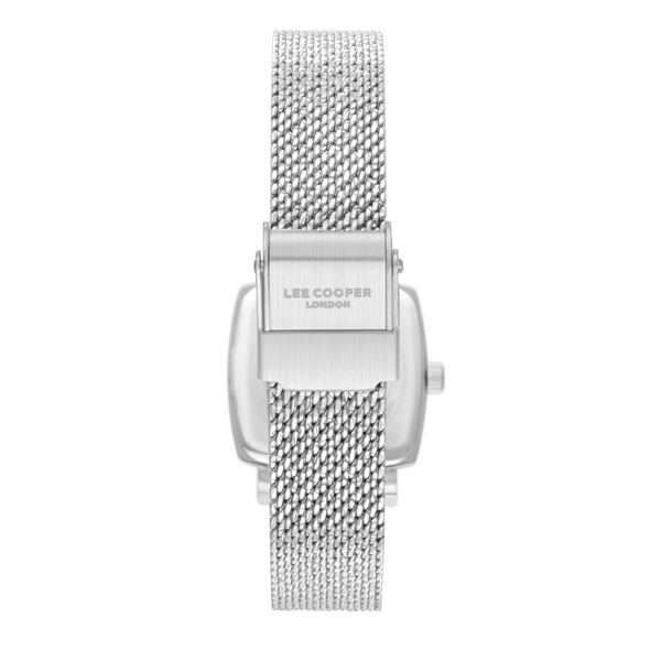Lee Cooper LC08280.540 women's analog watch featuring a rectangular silver case and dark brown dial.
