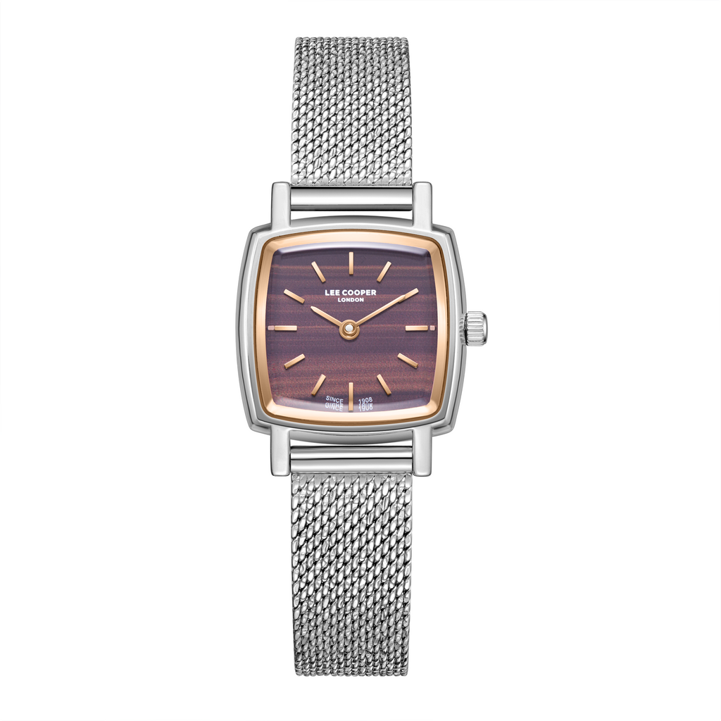 Lee Cooper LC08280.540 women's analog watch featuring a rectangular silver case and dark brown dial.
