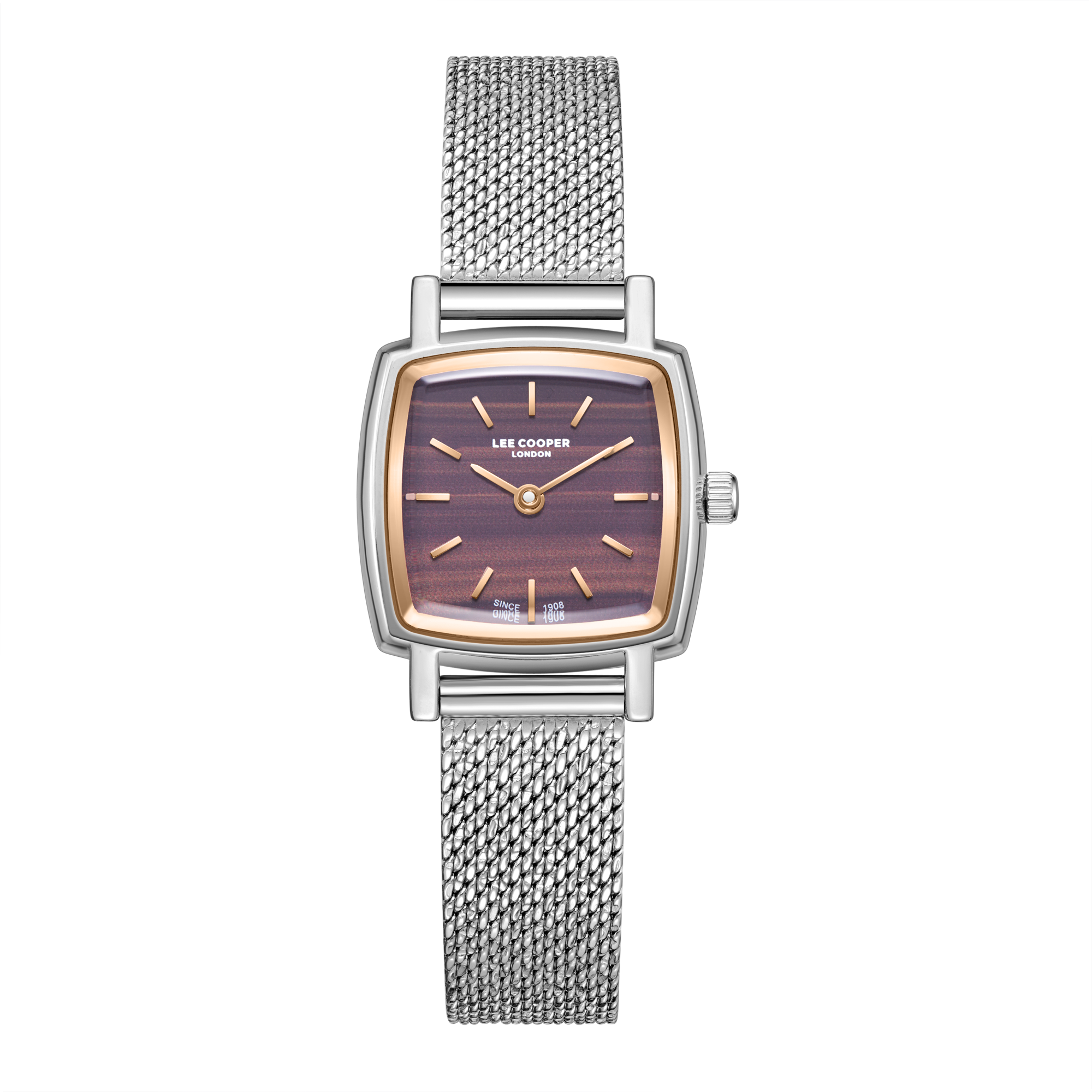 Lee Cooper LC08280.540 women's analog watch featuring a rectangular silver case and dark brown dial.
