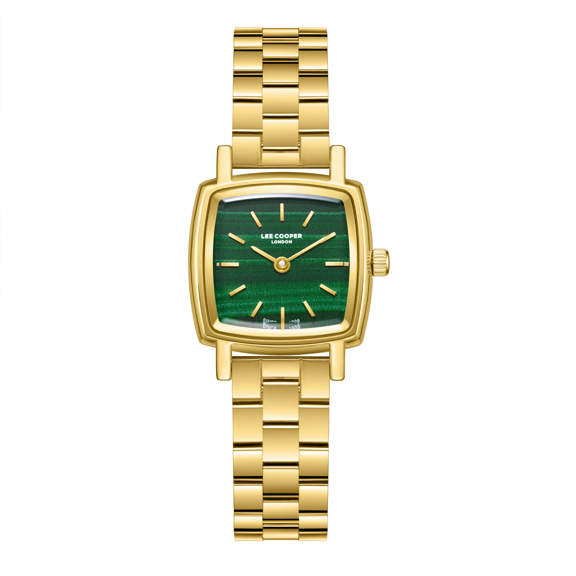 Lee Cooper LC08283.170 women's analog watch featuring a square gold case and green dial.
 Main image