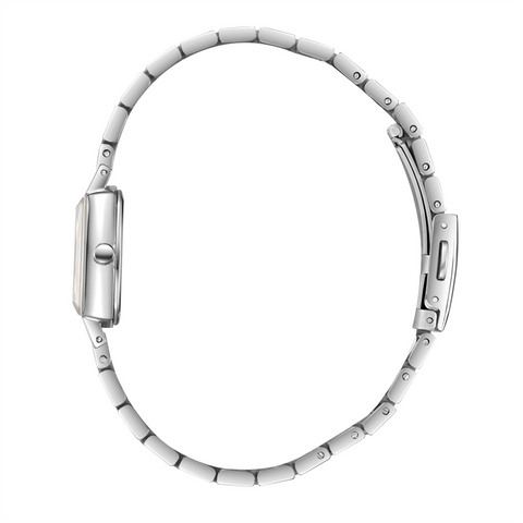 Lee Cooper LC08283.220 women's analog watch featuring a rectangular gold and silver case with a white dial.
