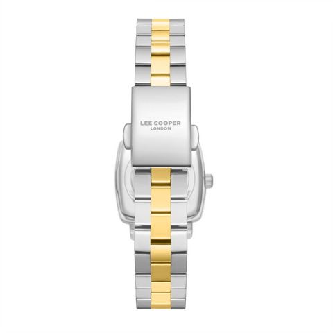 Lee Cooper LC08283.220 women's analog watch featuring a rectangular gold and silver case with a white dial.
