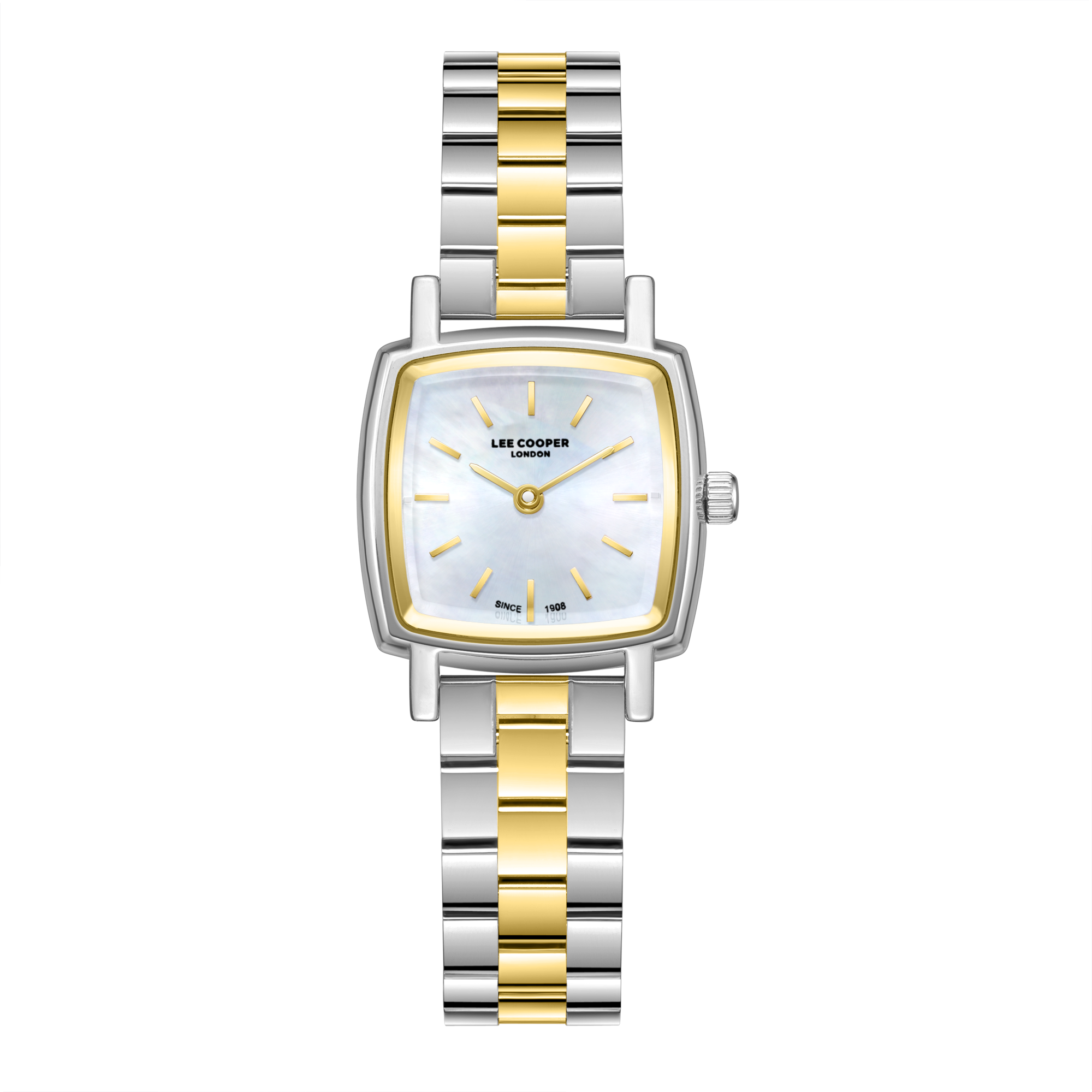 Lee Cooper LC08283.220 women's analog watch featuring a rectangular gold and silver case with a white dial.
 Main image