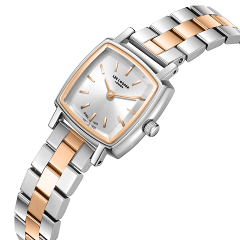 Lee Cooper LC08283.530 women's analog watch featuring a rectangular silver and rose gold case with a silver dial.
