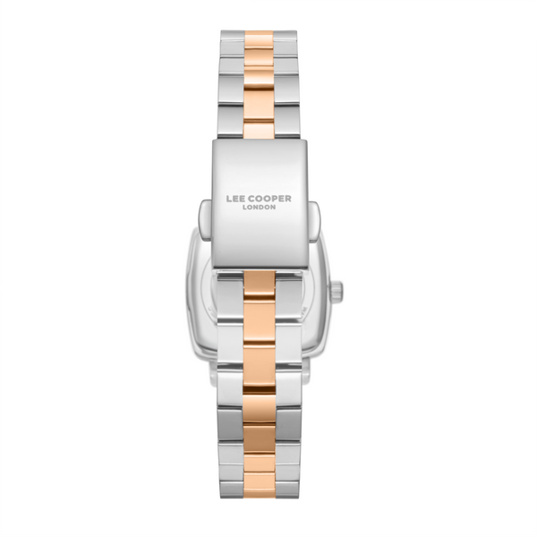 Lee Cooper LC08283.530 women's analog watch featuring a rectangular silver and rose gold case with a silver dial.
