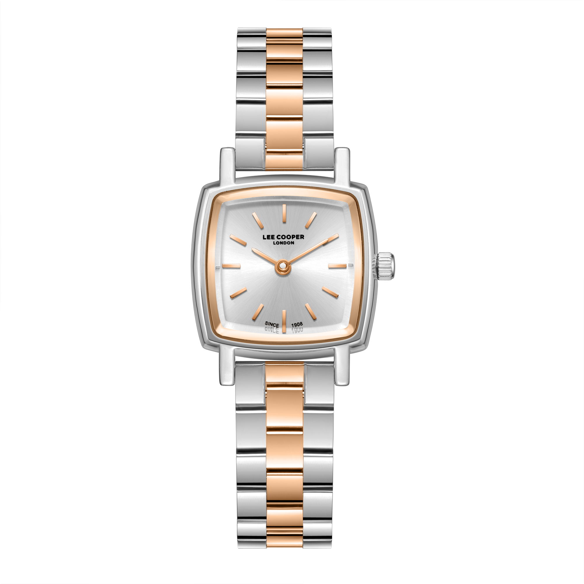 Lee Cooper LC08283.530 women's analog watch featuring a rectangular silver and rose gold case with a silver dial.
 Main image