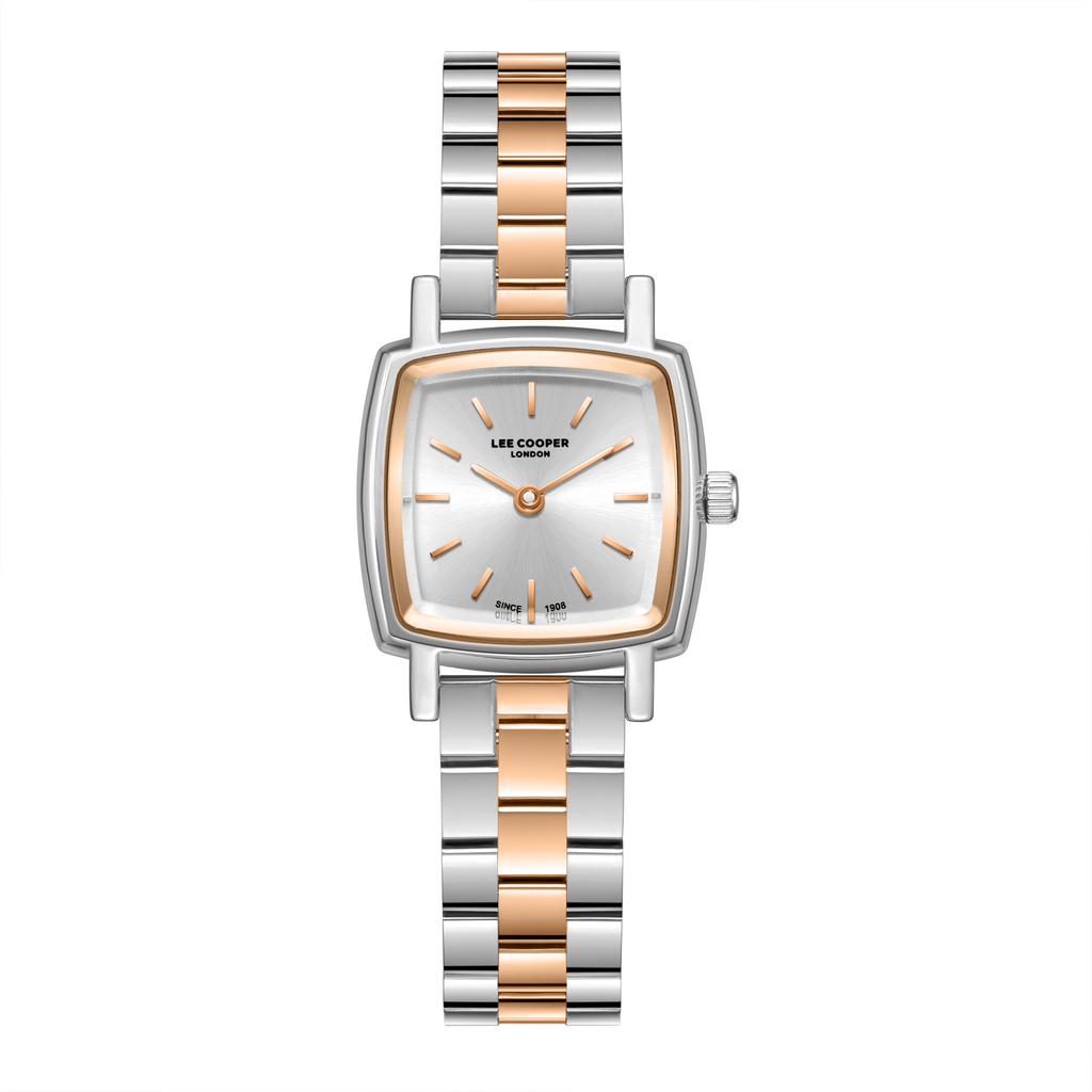 Lee Cooper LC08283.530 women's analog watch featuring a rectangular silver and rose gold case with a silver dial.
