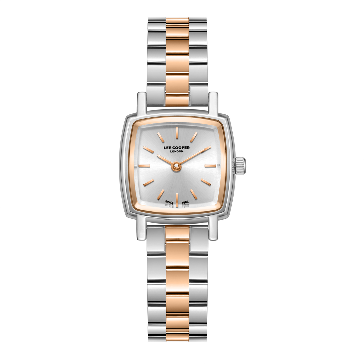 Lee Cooper LC08283.530 women's analog watch featuring a rectangular silver and rose gold case with a silver dial.
