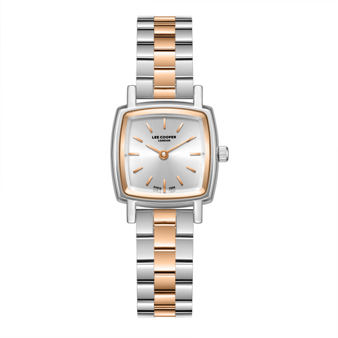 Lee Cooper LC08283.530 women's analog watch featuring a rectangular silver and rose gold case with a silver dial.
