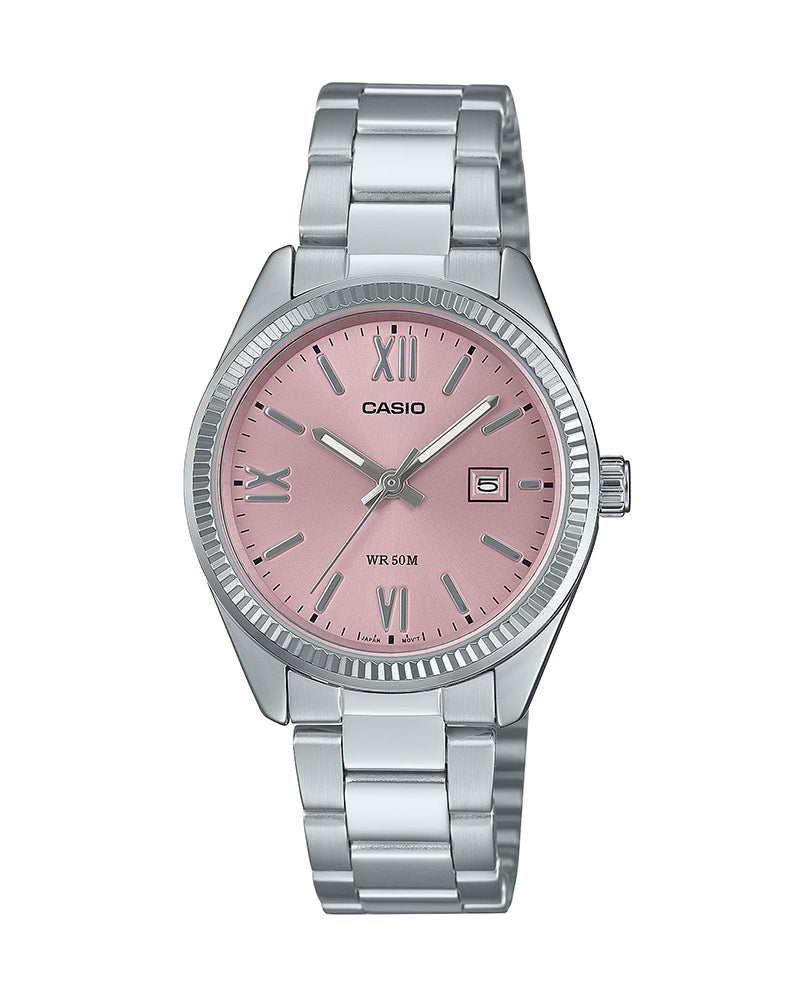 Casio General – LTP-1302DD-4A1, women's analog watch with a pink dial and stainless steel band.