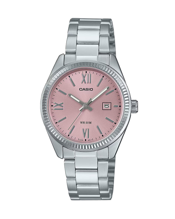 Casio General – LTP-1302DD-4A1, women's analog watch with a pink dial and stainless steel band.