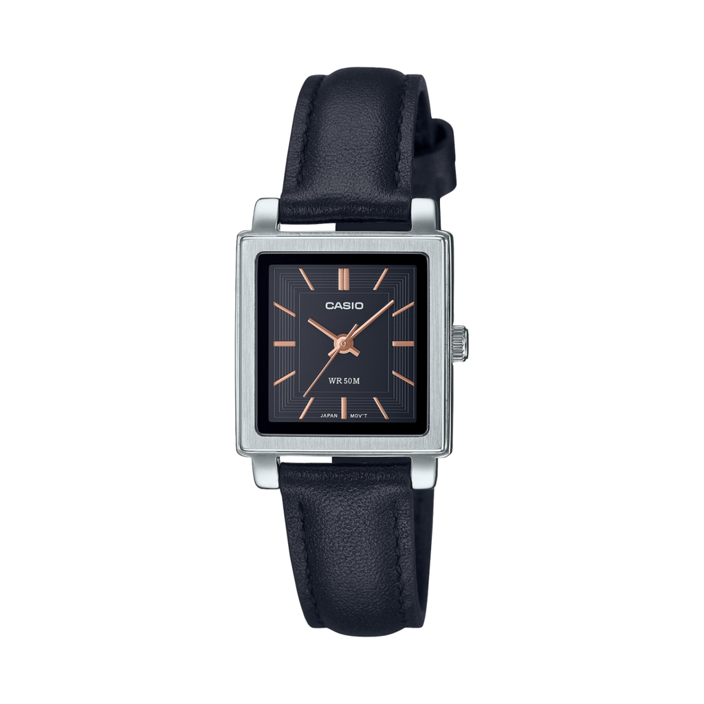 Casio LTP-E176L-1A women’s rectangular watch with silver stainless steel case, black dial, and black leather strap.