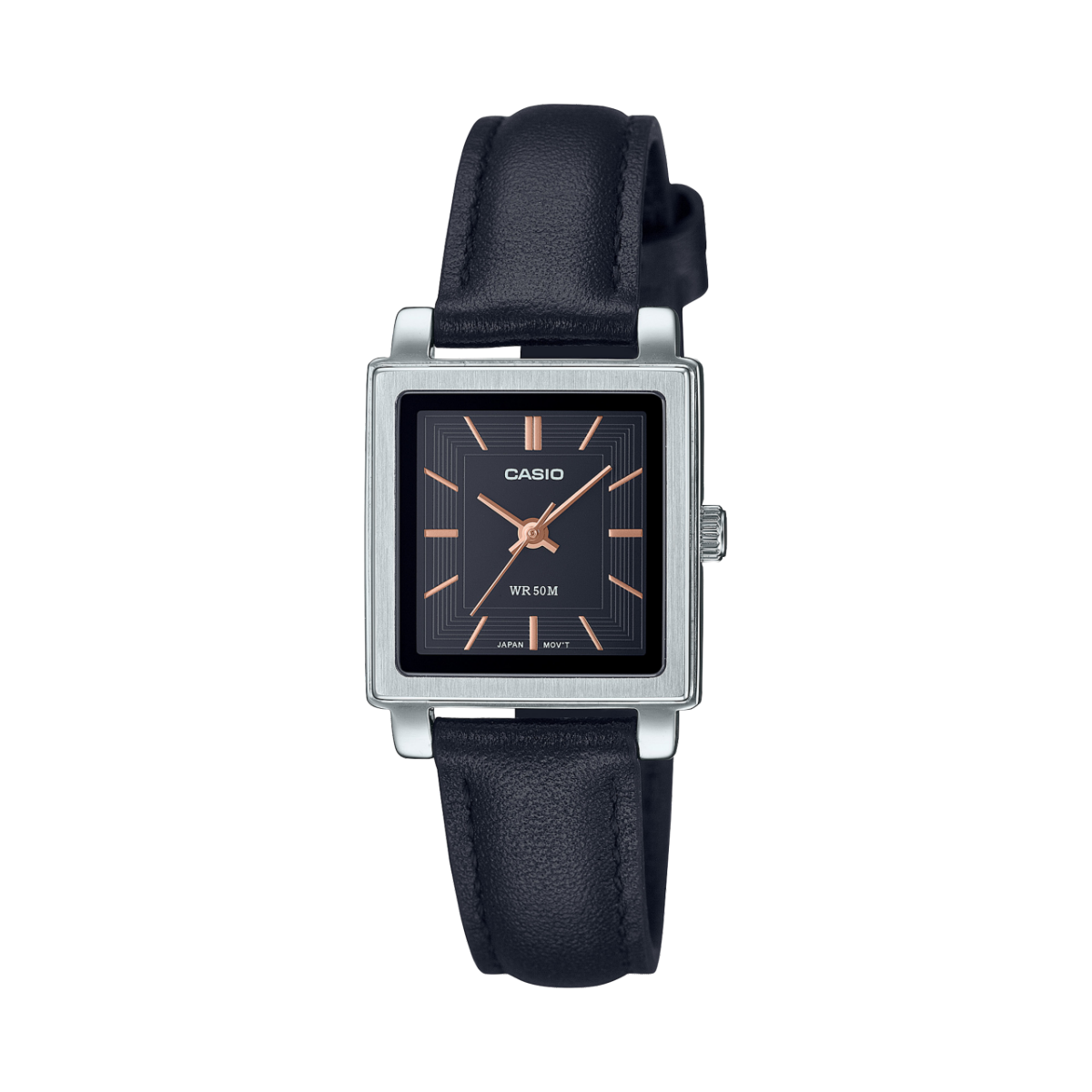 Casio LTP-E176L-1A women’s rectangular watch with silver stainless steel case, black dial, and black leather strap.