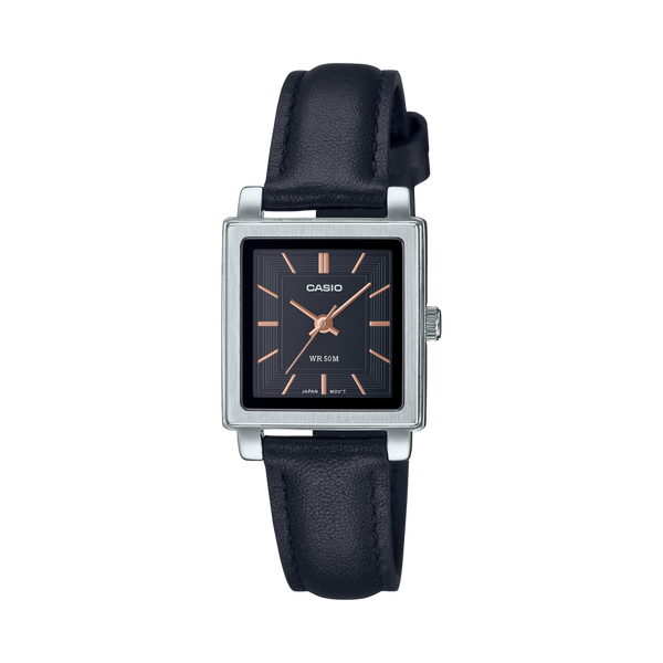 Casio LTP-E176L-1A women’s rectangular watch with silver stainless steel case, black dial, and black leather strap.