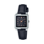 Casio LTP-E176L-1A women’s rectangular watch with silver stainless steel case, black dial, and black leather strap.