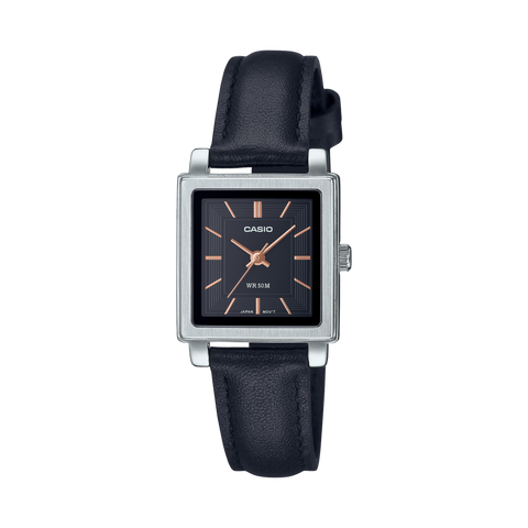 Casio LTP-E176L-1A women’s rectangular watch with silver stainless steel case, black dial, and black leather strap.